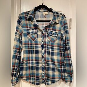 Bella D Size S Cream Blue Plaid Long Sleeve Button Down Flannel Shirt Pockets